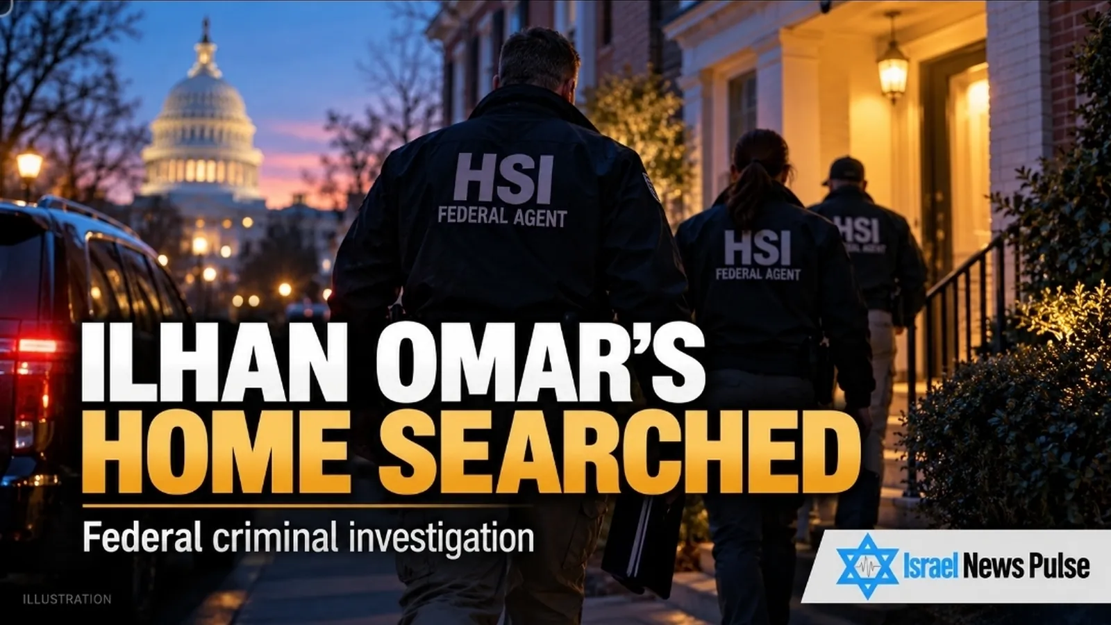 عملاء فيدراليون يرتدون سترات تحمل شعار HSI يسيرون نحو منزل عند الغسق، وتظهر قبة مبنى الكابيتول الأمريكي في الخلفية.