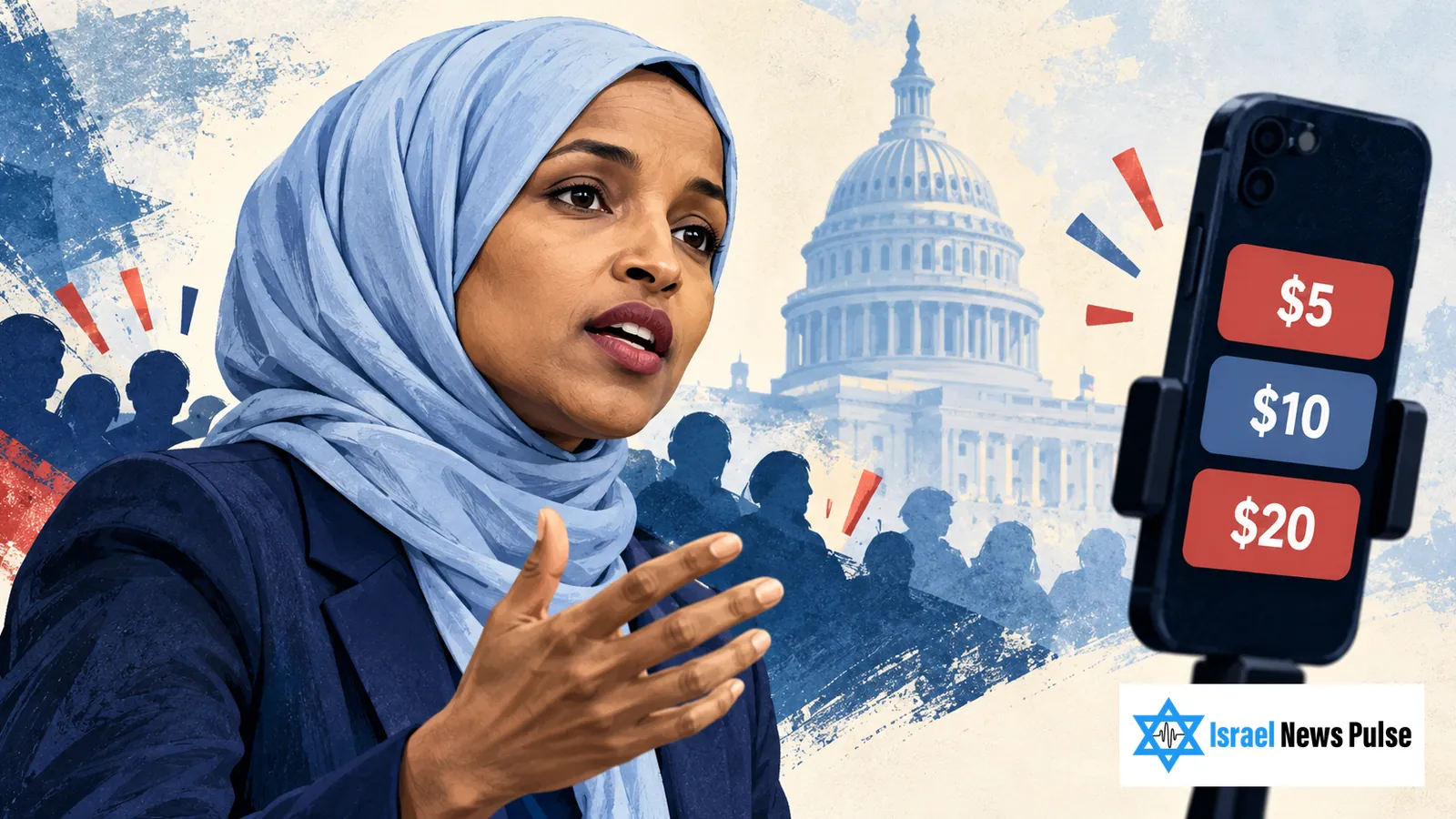 Redaktionelle Illustration von Ilhan Omar neben einem Telefon mit Spendenfeldern für 5, 10 und 20 Dollar und dem US-Kapitol im Hintergrund.
