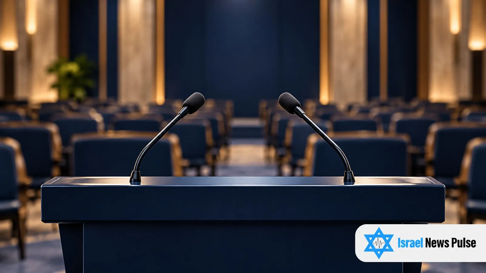 Zwei Mikrofone stehen auf einem leeren Pressetisch vor unscharfen Konferenzsitzen.