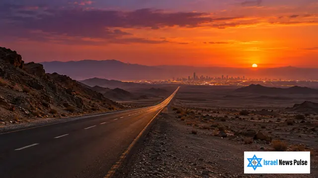 Una carretera recta cruza una elevación desértica seca hacia una ciudad iluminada y lejana bajo un cielo de anochecer naranja y violeta.