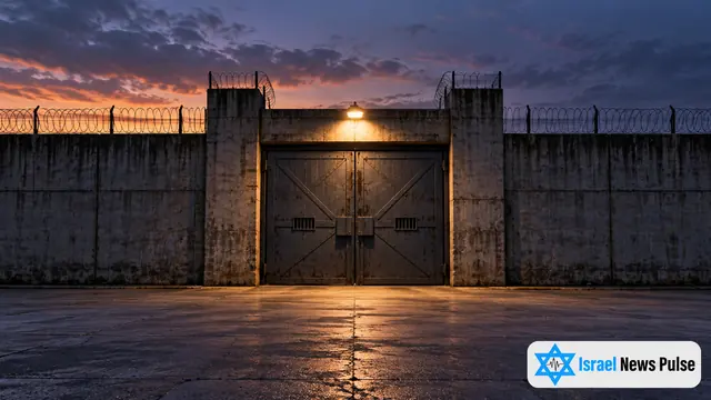Una sola lámpara ilumina una puerta carcelaria de acero cerrada y un patio de hormigón vacío al anochecer.