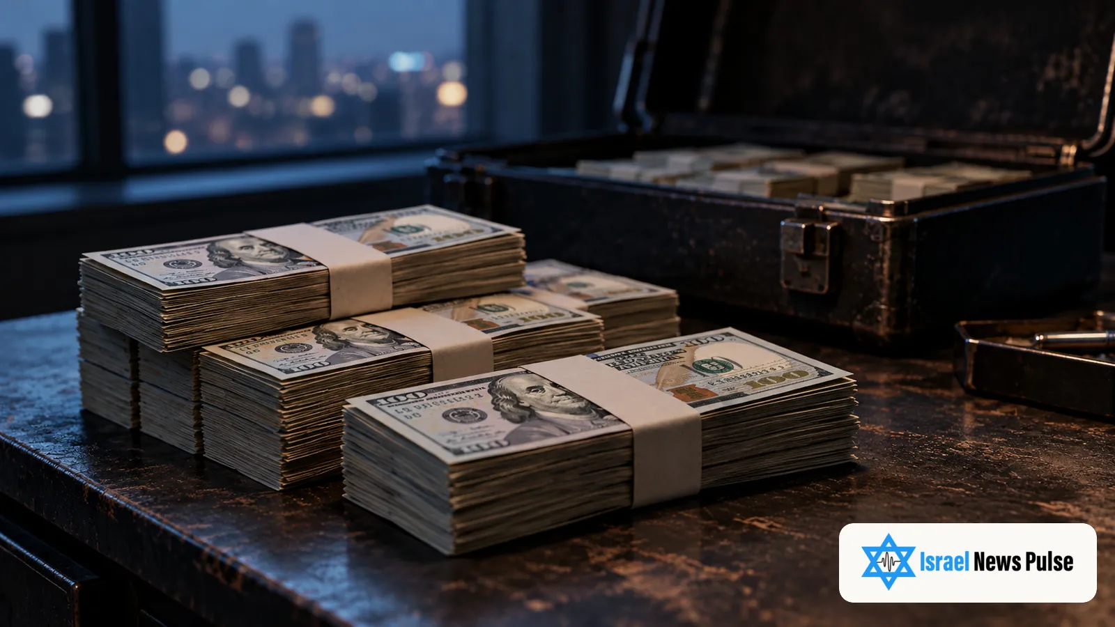Bündel amerikanischer Dollarnoten liegen auf einem dunklen Tisch neben einem geöffneten Geldkoffer in einem schwach beleuchteten Raum.