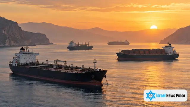 Un petrolero y varios buques de carga reposan sobre aguas tranquilas bajo un cielo dorado al amanecer, entre costas rocosas lejanas.