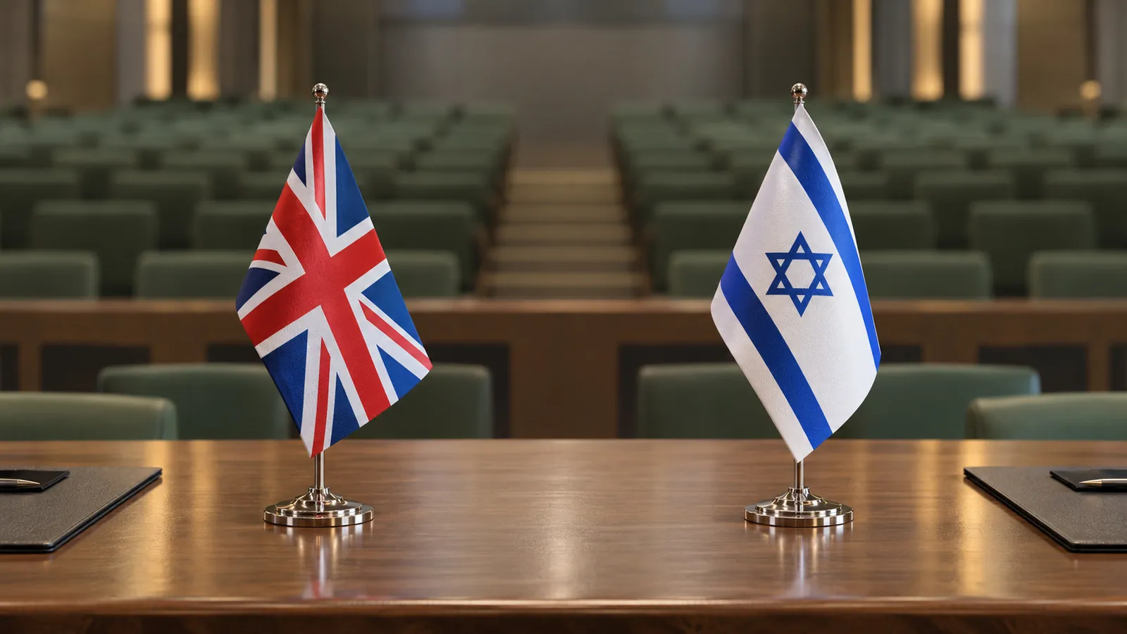 Eine KI-generierte Illustration zeigt britische und israelische Tischflaggen in einem leeren Konferenzsaal.