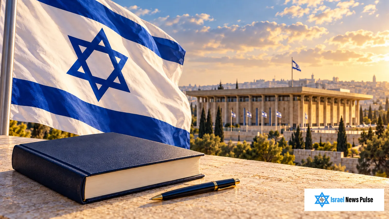 Israeli flag, the Knesset and a closed book with a pen on a stone ledge