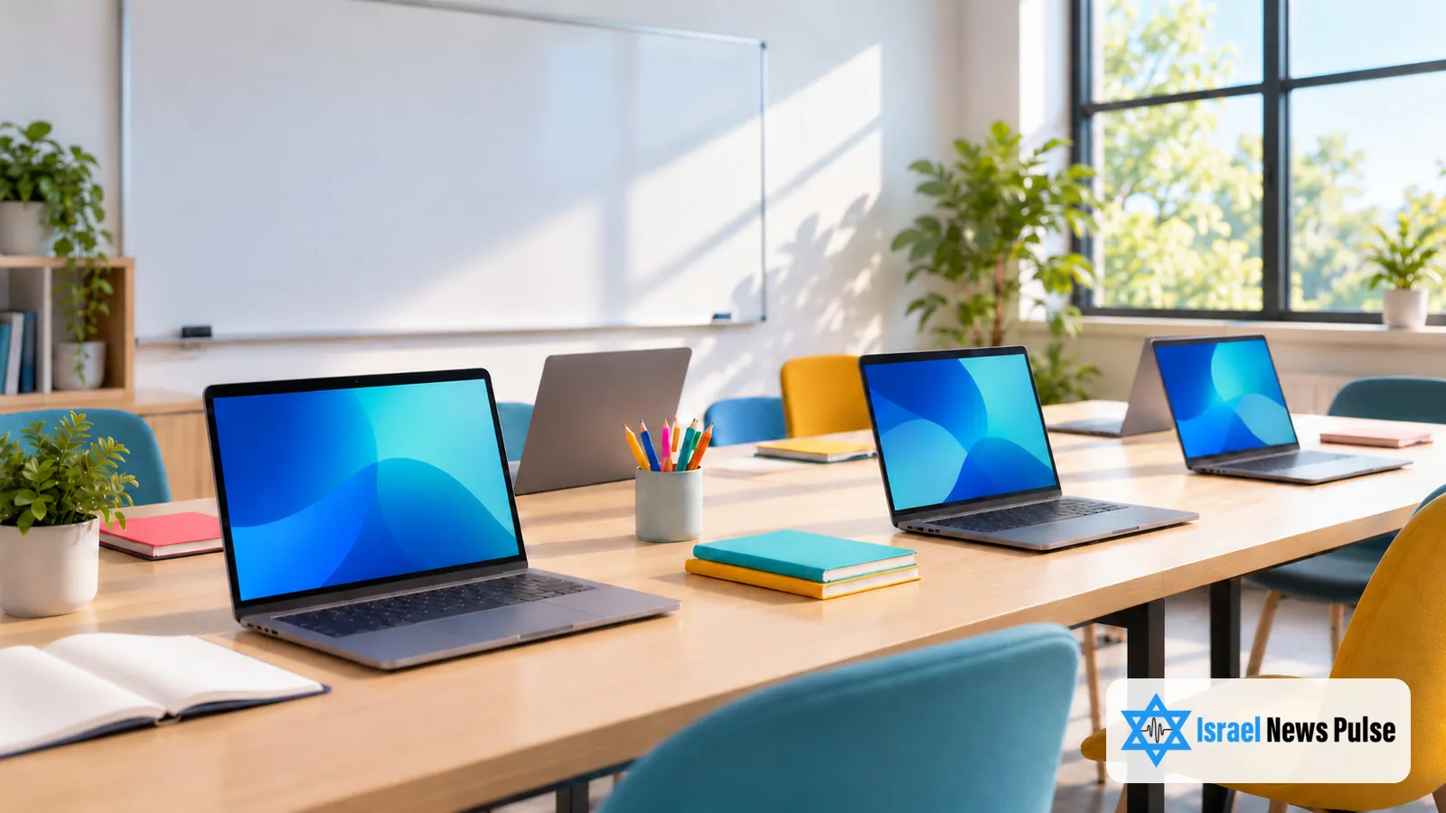 Auf einem langen Tisch in einem leeren, sonnigen Schulungsraum mit unbeschriebenem Whiteboard stehen offene Laptops und bunte Schreibutensilien.
