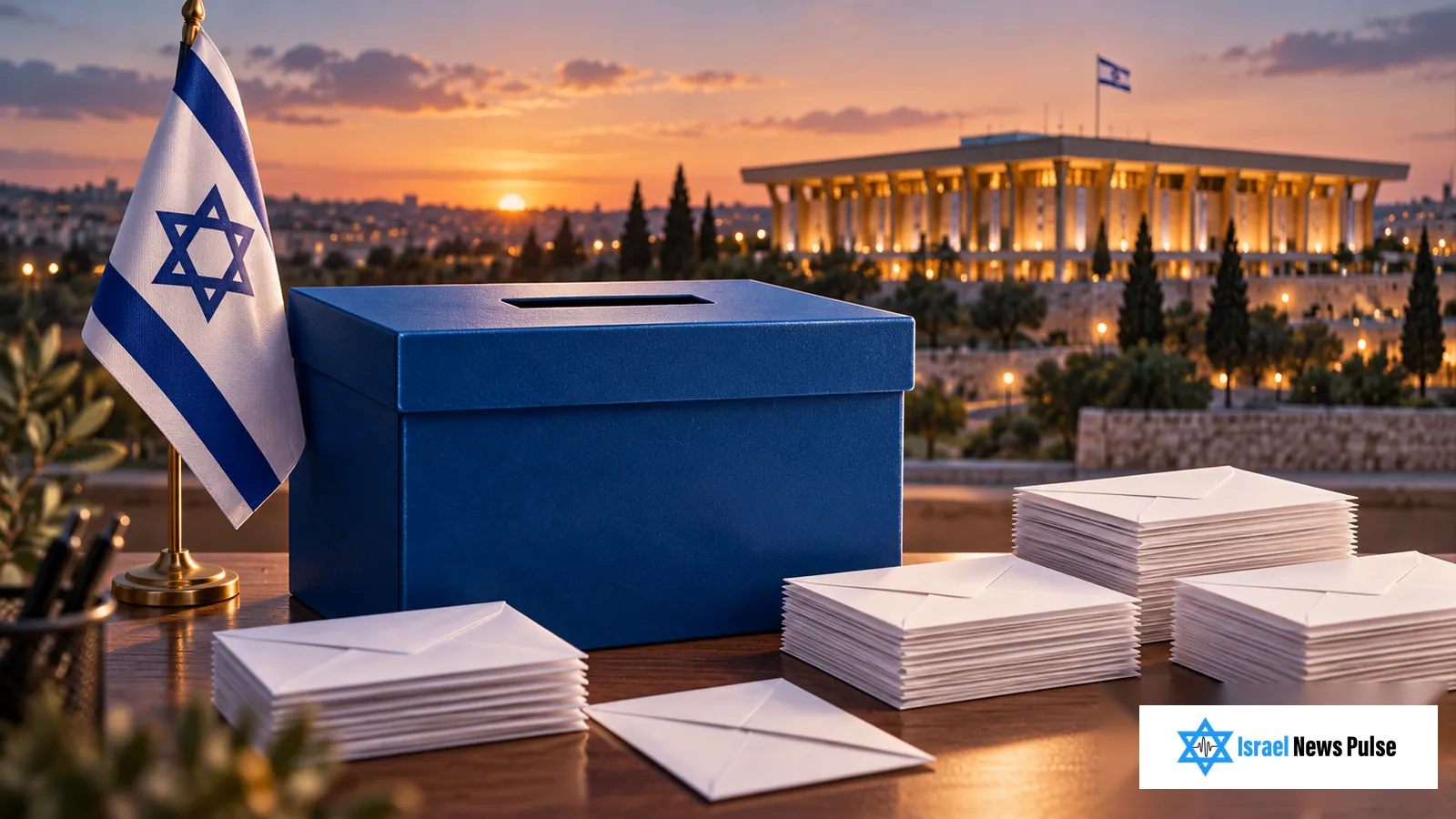 Blue ballot box, voting envelopes and an Israeli flag with the Knesset in the background