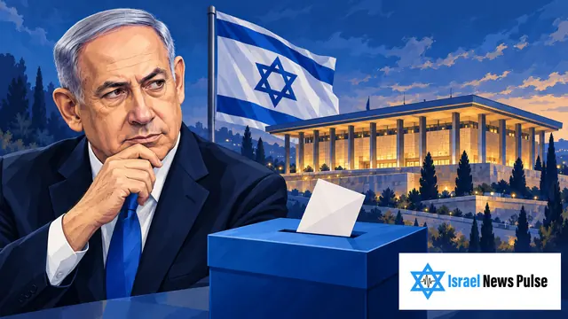 Benjamin Netanyahu beside an Israeli flag, the Knesset building and a blue ballot box.
