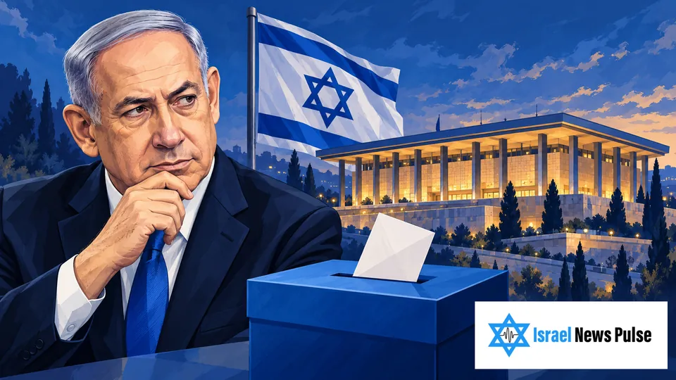 Benjamin Netanyahu beside an Israeli flag, the Knesset building and a blue ballot box.