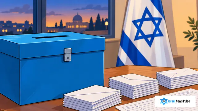 Blaue Wahlurne, Umschläge und israelische Flagge neben einem Zählbogen