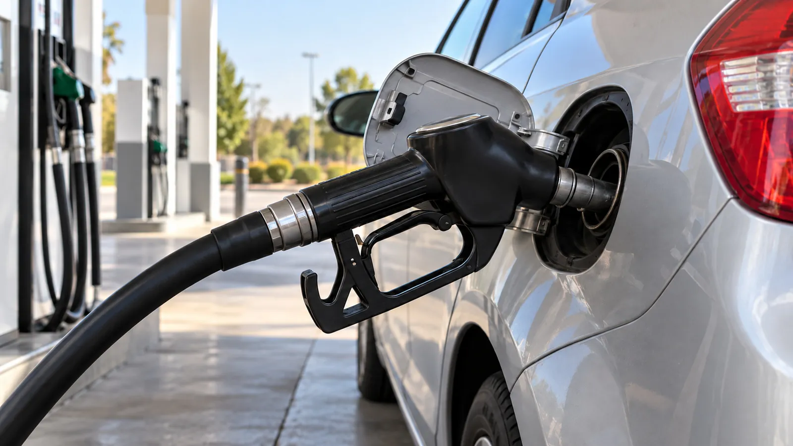 Eine KI-generierte Illustration zeigt eine schwarze Zapfpistole im Tankstutzen eines silbernen Autos an einer Tankstelle ohne Markenkennzeichnung.