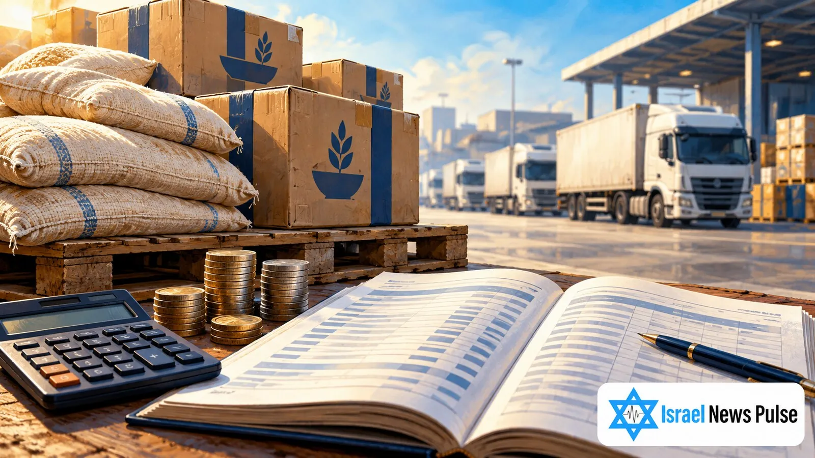 Food aid boxes and sacks beside an accounting ledger, calculator and coins, with trucks in the background.