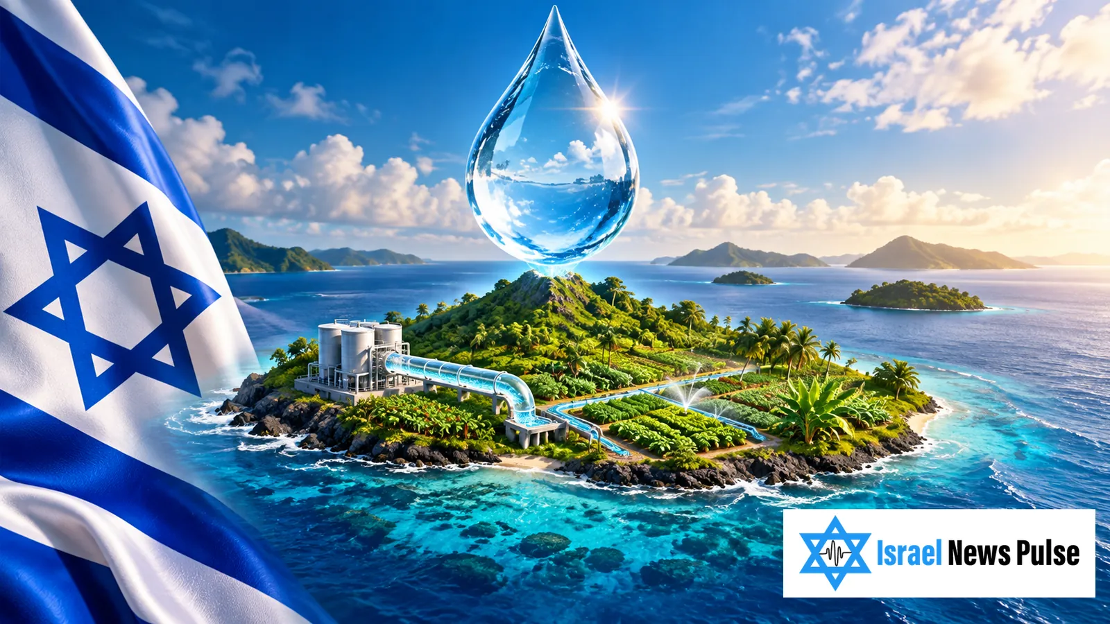 Konzeptionelle Illustration eines Wassertropfens über einer erfundenen Pazifikinsel mit Feldern und Wasseranlagen neben einer israelischen Flagge.