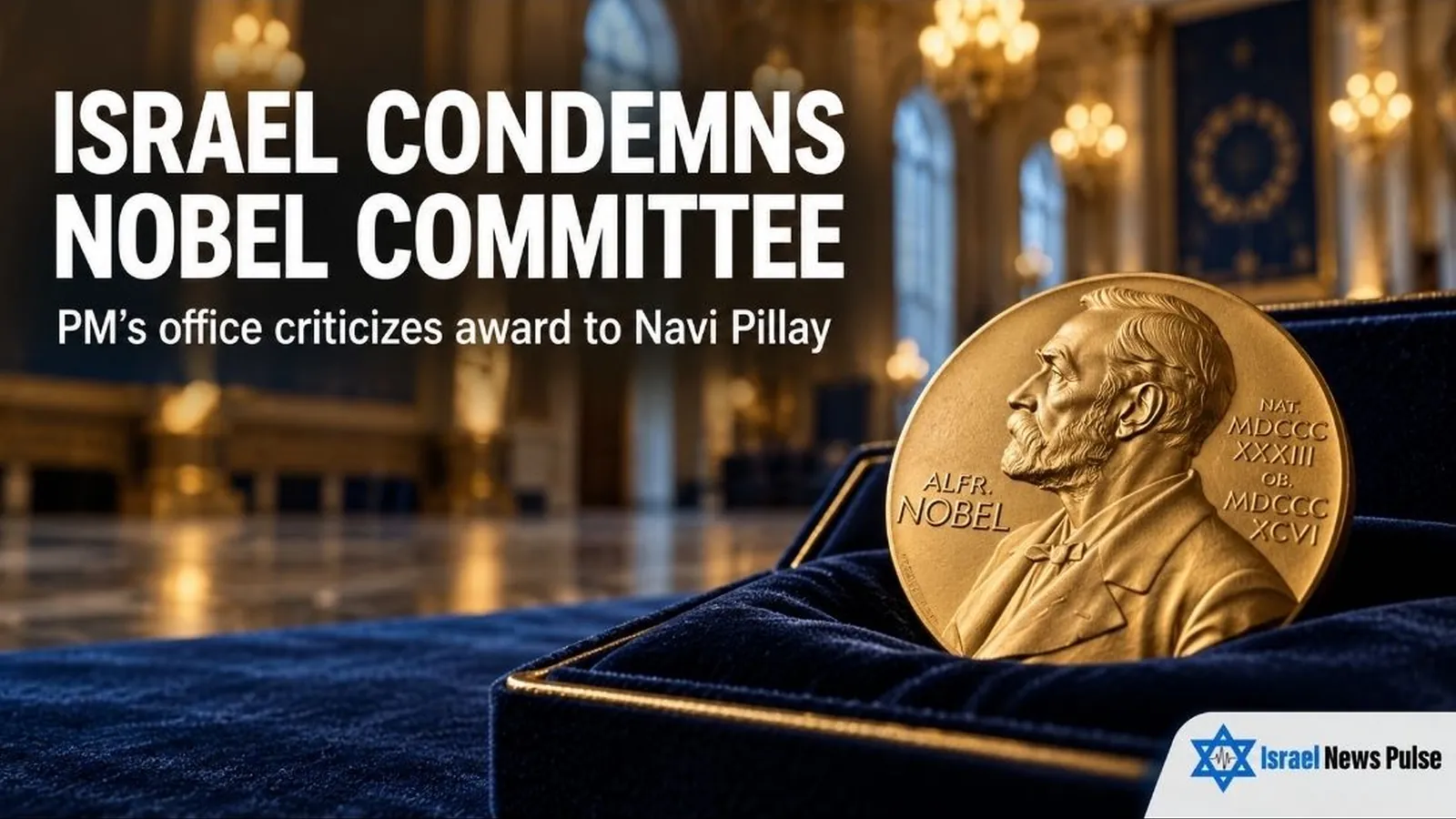 Das Bild zeigt eine goldene Nobelmedaille auf einem dunklen Kissen in einem beleuchteten Saal unter einer Schlagzeile über Israels Kritik.