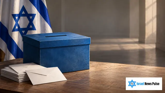 Blaue Wahlurne und weiße Umschläge neben einer israelischen Flagge