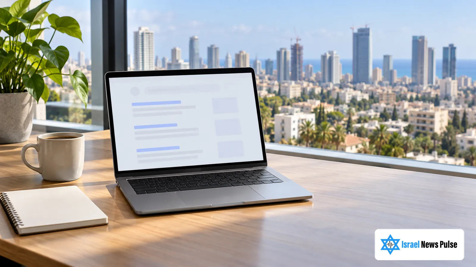 Un portátil con páginas independientes de una web empresarial en hebreo e inglés