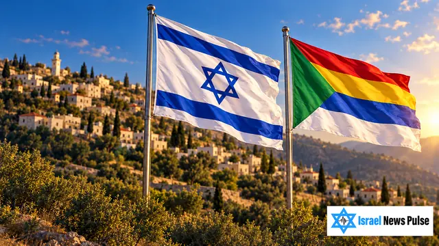 Israeli and Druze flags above a hillside village at sunset