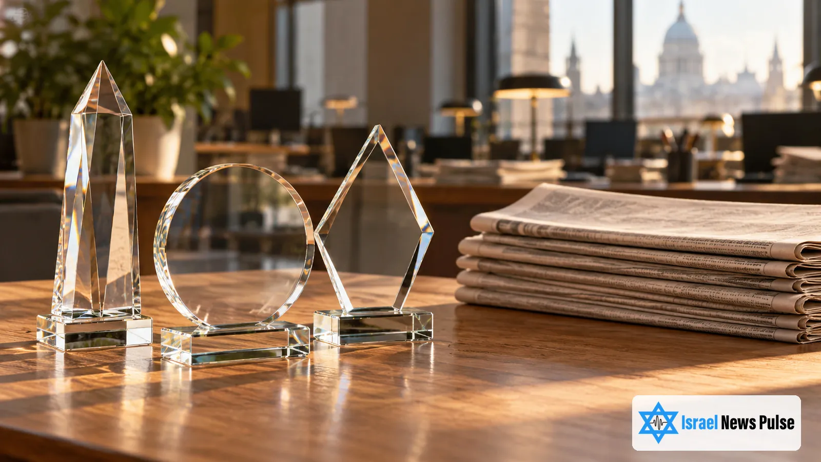 Três troféus de vidro ficam ao lado de jornais dobrados em uma mesa de redação com luz quente.