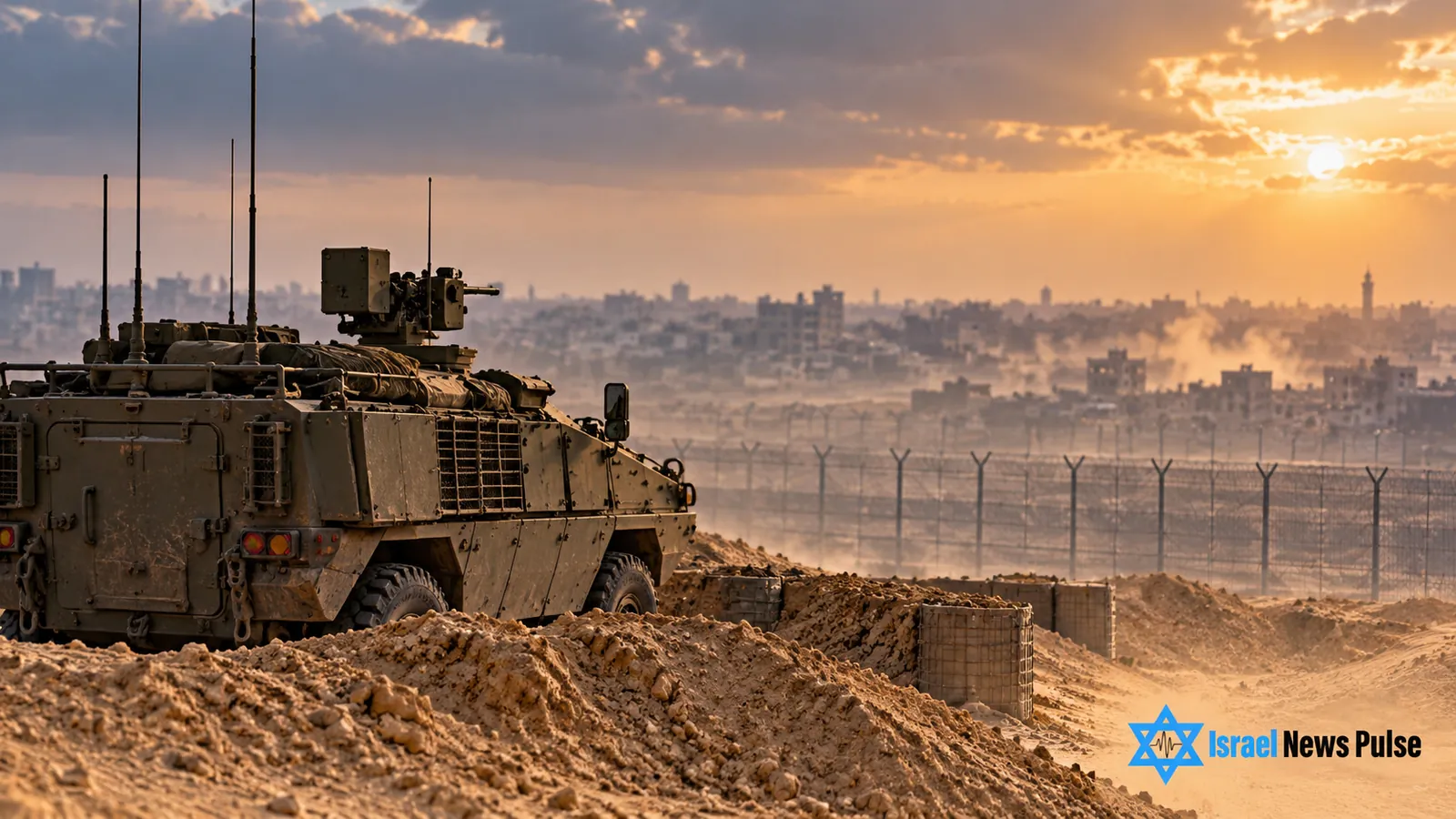 Ein gepanzertes Fahrzeug hinter einem Sandwall nahe einem Grenzzaun, mit Gebäuden am Horizont und dem Logo von Israel News Pulse.