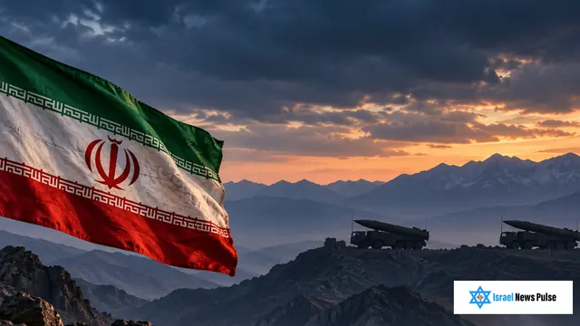 Iranian flag over mountains with two missile launchers at sunset