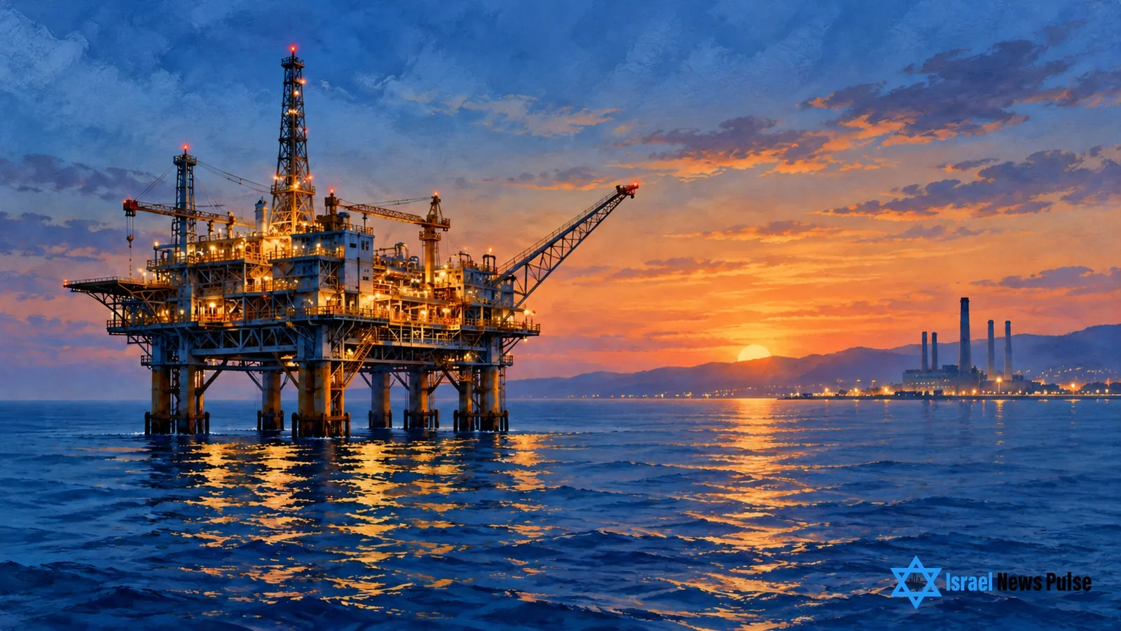 Ilustración editorial de una plataforma de gas marina y una central eléctrica costera a lo lejos, al atardecer.