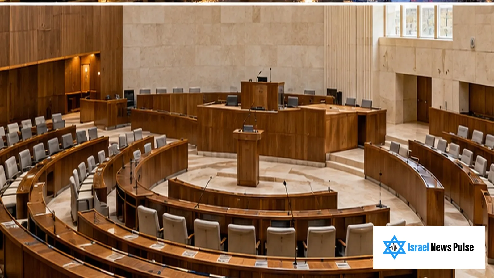 Um plenário parlamentar vazio tem fileiras curvas de cadeiras, iluminação quente e uma tribuna central entre paredes altas e claras.