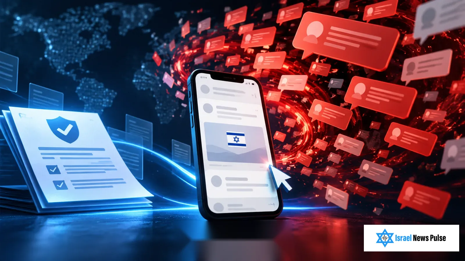 Konzeptillustration eines Smartphones mit israelischer Flagge zwischen blauen Prüfdokumenten und sich vervielfachenden roten Beitragskarten.