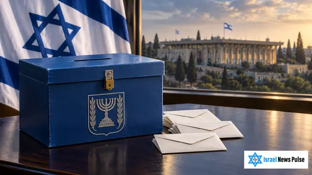 A blue ballot box and white envelopes beside an Israeli flag, with the Knesset building in the background