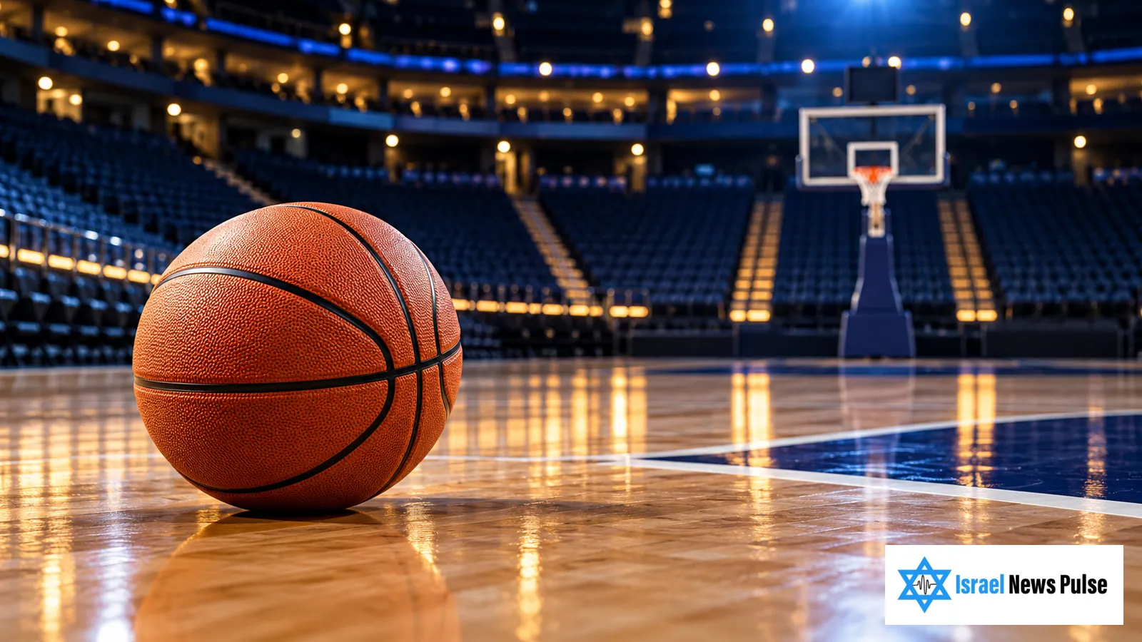 Balón de baloncesto sobre una pista cubierta de madera con iluminación azul y dorada
