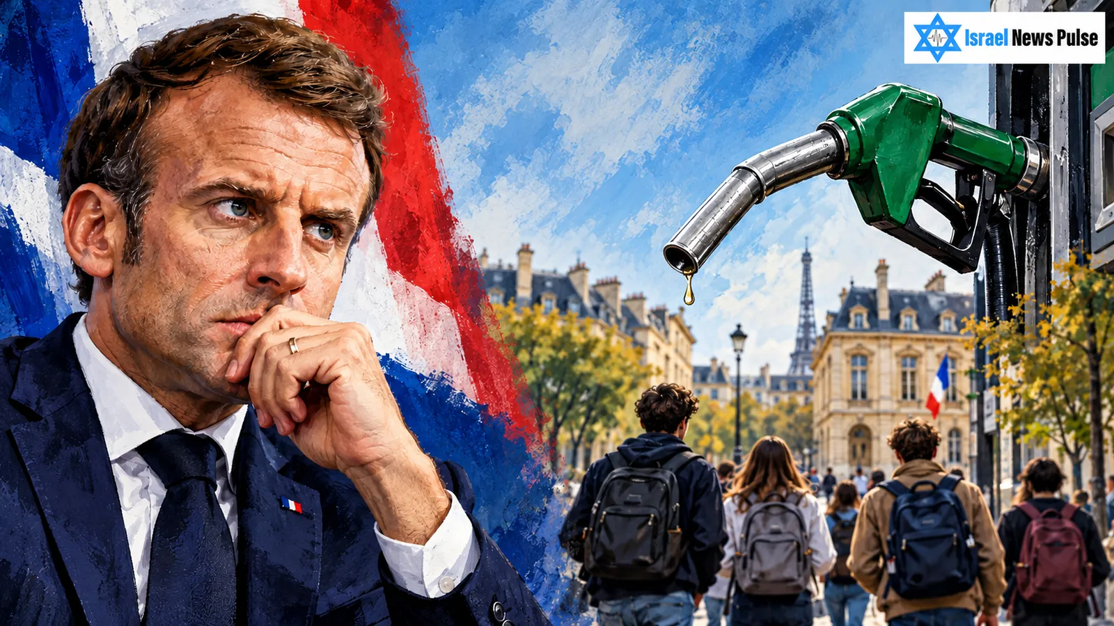 Redaktionelle Illustration von Emmanuel Macron neben einer Zapfpistole und Schülern mit Rucksäcken im Hintergrund.