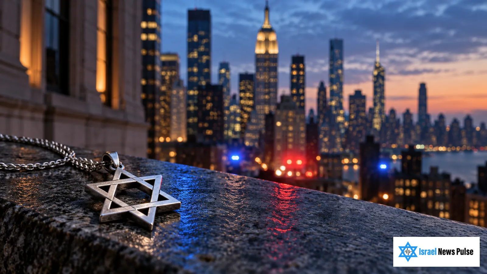 Uma estrela de Davi de prata repousa sobre uma borda de pedra diante do horizonte de Manhattan.