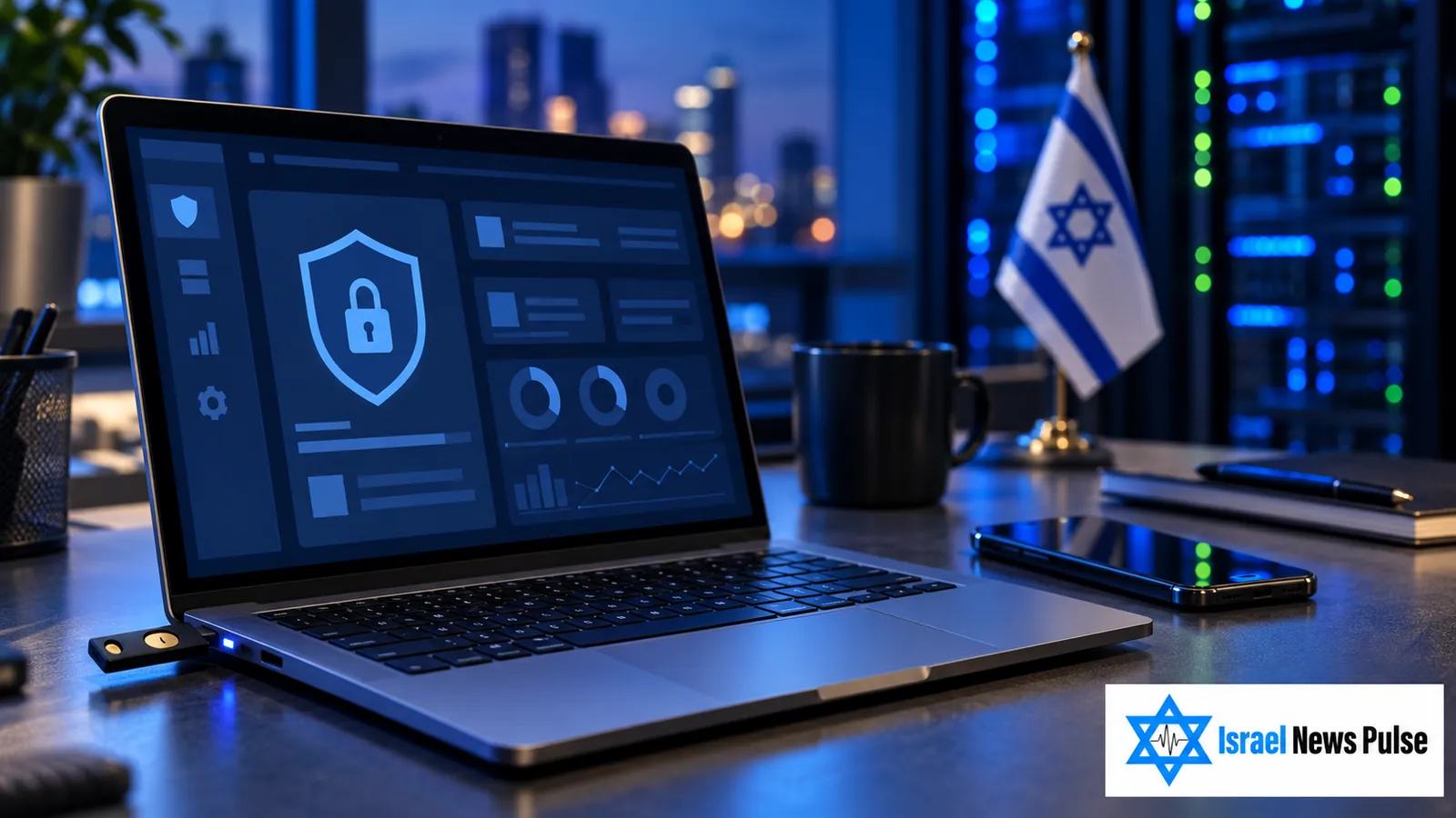 Illustration eines Laptops mit Sicherheitsanzeige, eines Hardware-Sicherheitsschlüssels und einer israelischen Tischflagge.