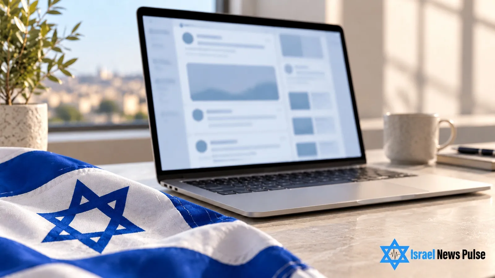 Eine israelische Flagge neben einem Laptop mit einem unscharfen Social-Media-Feed auf einem Schreibtisch.