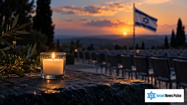 נר זיכרון לצד כיסאות ריקים ודגל ישראל בתאורה רכה