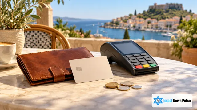 A wallet, blank payment card, terminal and metal coins rest on a cafe table.