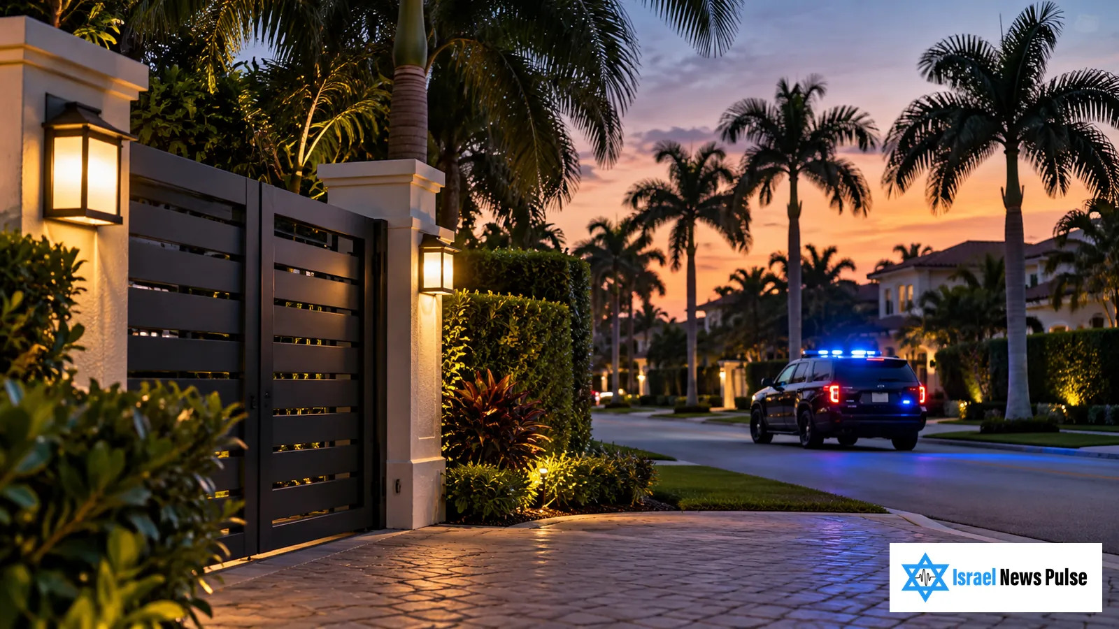 Um veículo policial genérico em uma rua residencial com palmeiras no sul da Flórida ao anoitecer.
