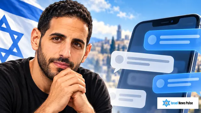 Nuseir Yassin beside an Israeli flag and a phone with speech bubbles