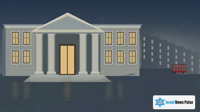 تطل واجهة محكمة حجرية كلاسيكية على شارع لندني مبلل وخال عند الغسق، مع حافلة حمراء بعيدة.