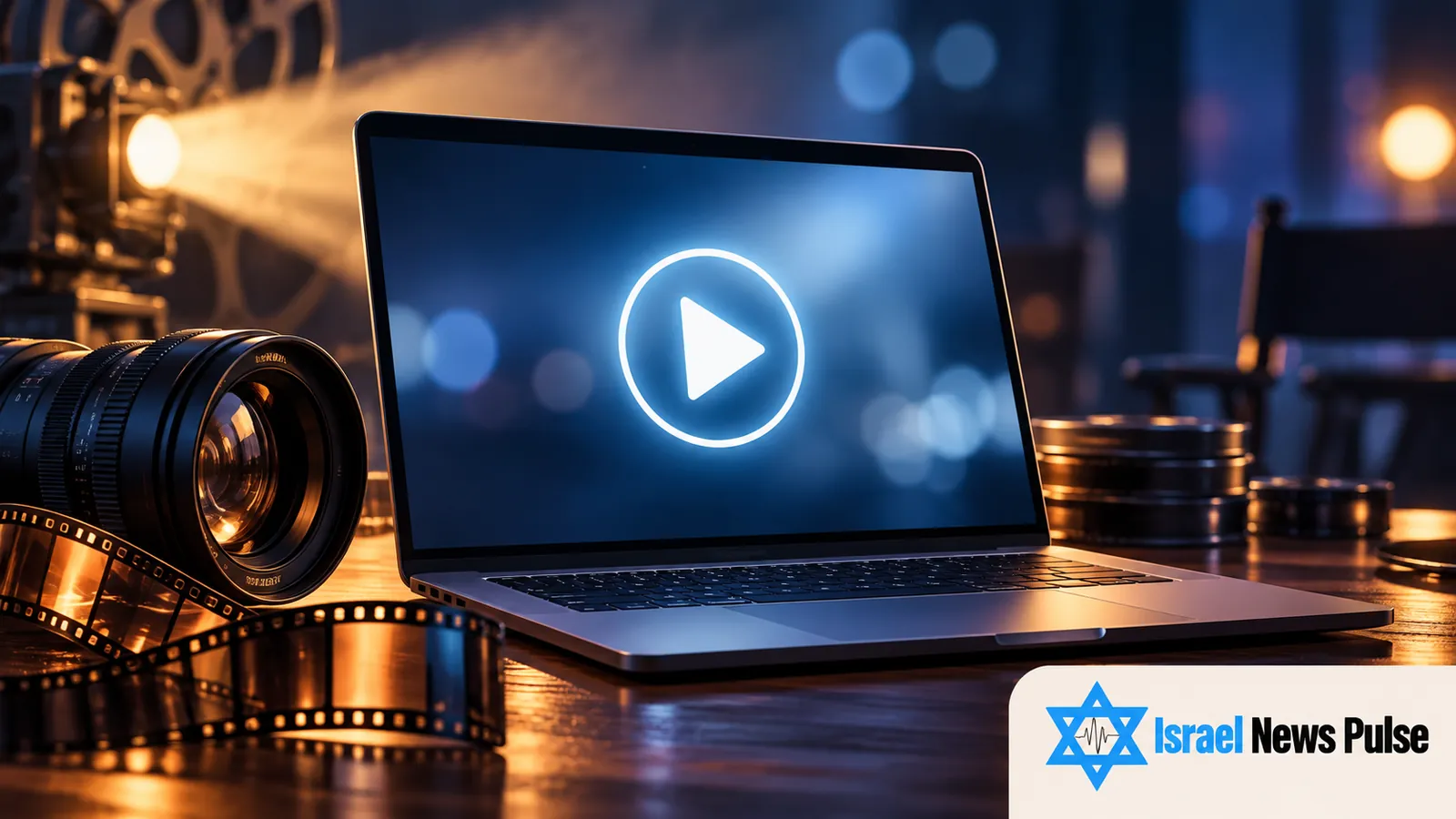 Illustration of a laptop with a play symbol beside a camera lens and film reels, with the Israel News Pulse watermark.