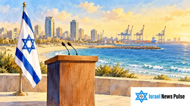 Illustration eines leeren Rednerpults mit israelischer Flagge vor einer symbolischen Küstenansicht von Aschdod.