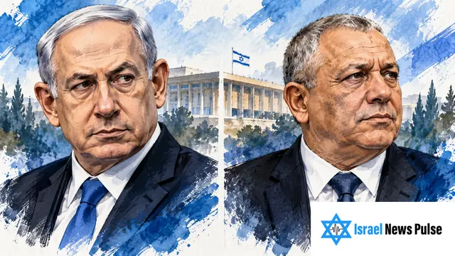 Ilustração editorial com retratos separados de Benjamin Netanyahu e Gadi Eisenkot diante do Knesset, em azul e branco.