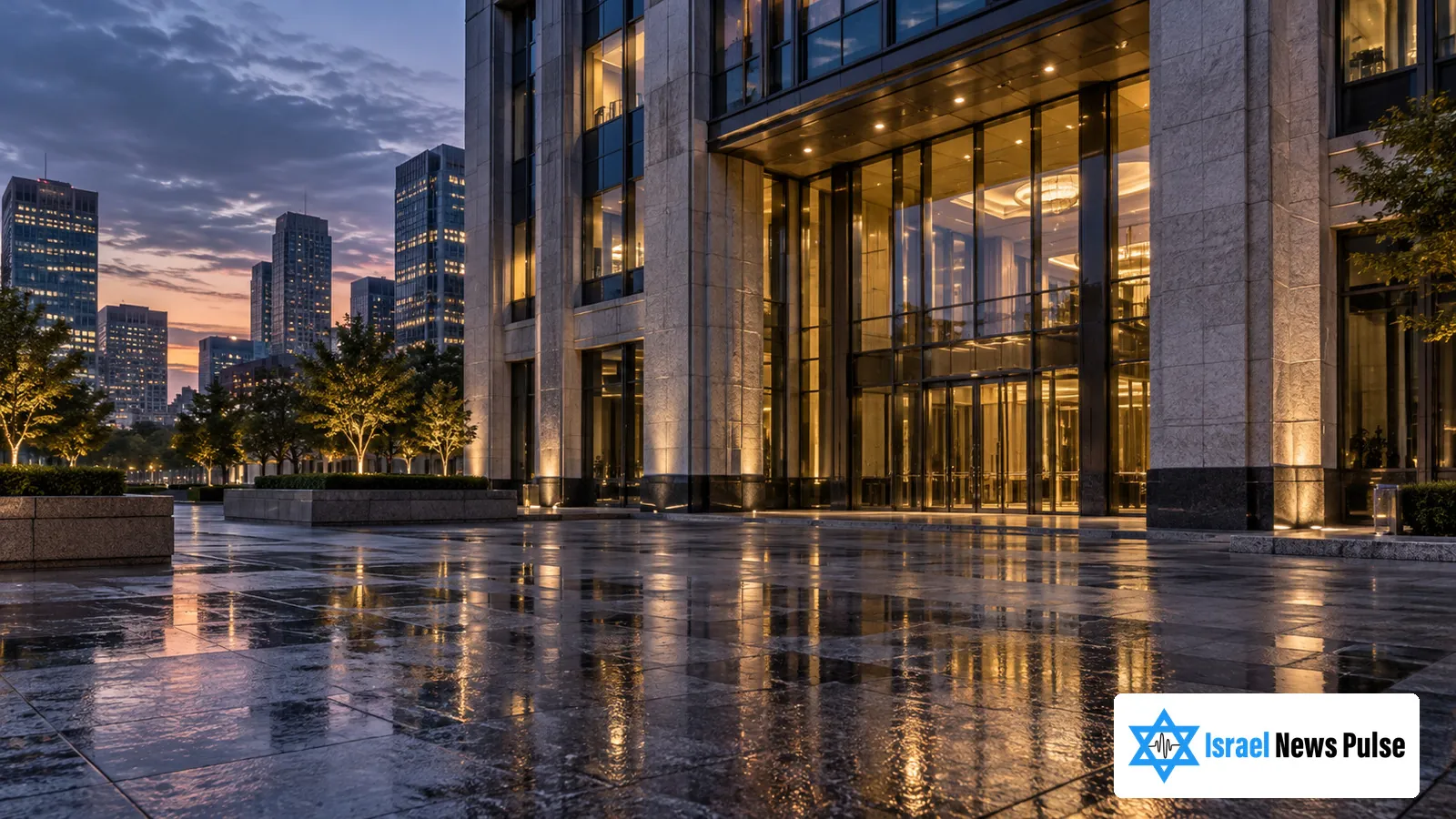 A stone and glass financial building faces an empty plaza at dusk, with lit windows reflected on wet pavement.