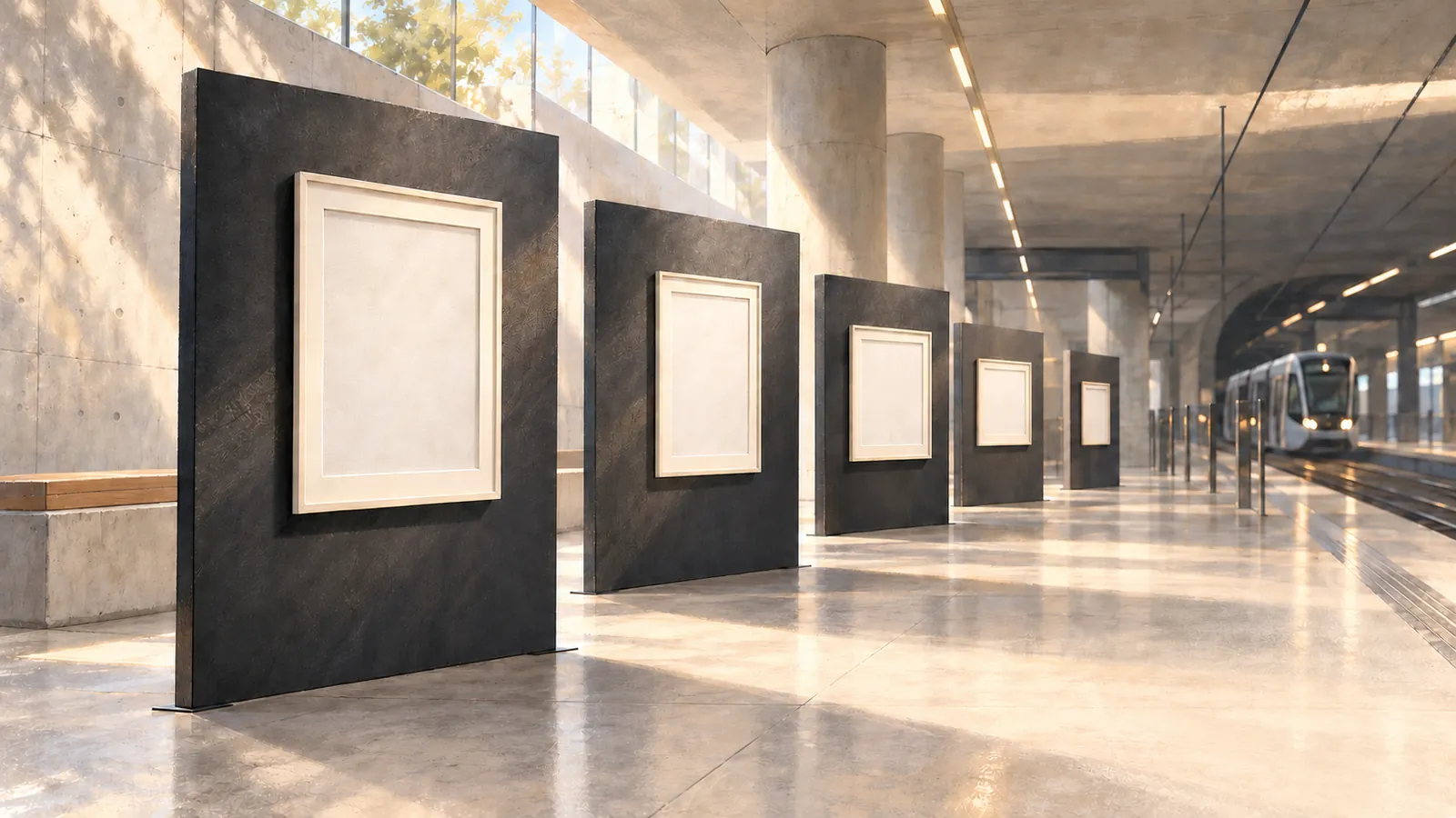 Symbolische Illustration leerer Bilderrahmen in einer Stadtbahnstation, ohne tatsächliche Ausstellungsfotografien