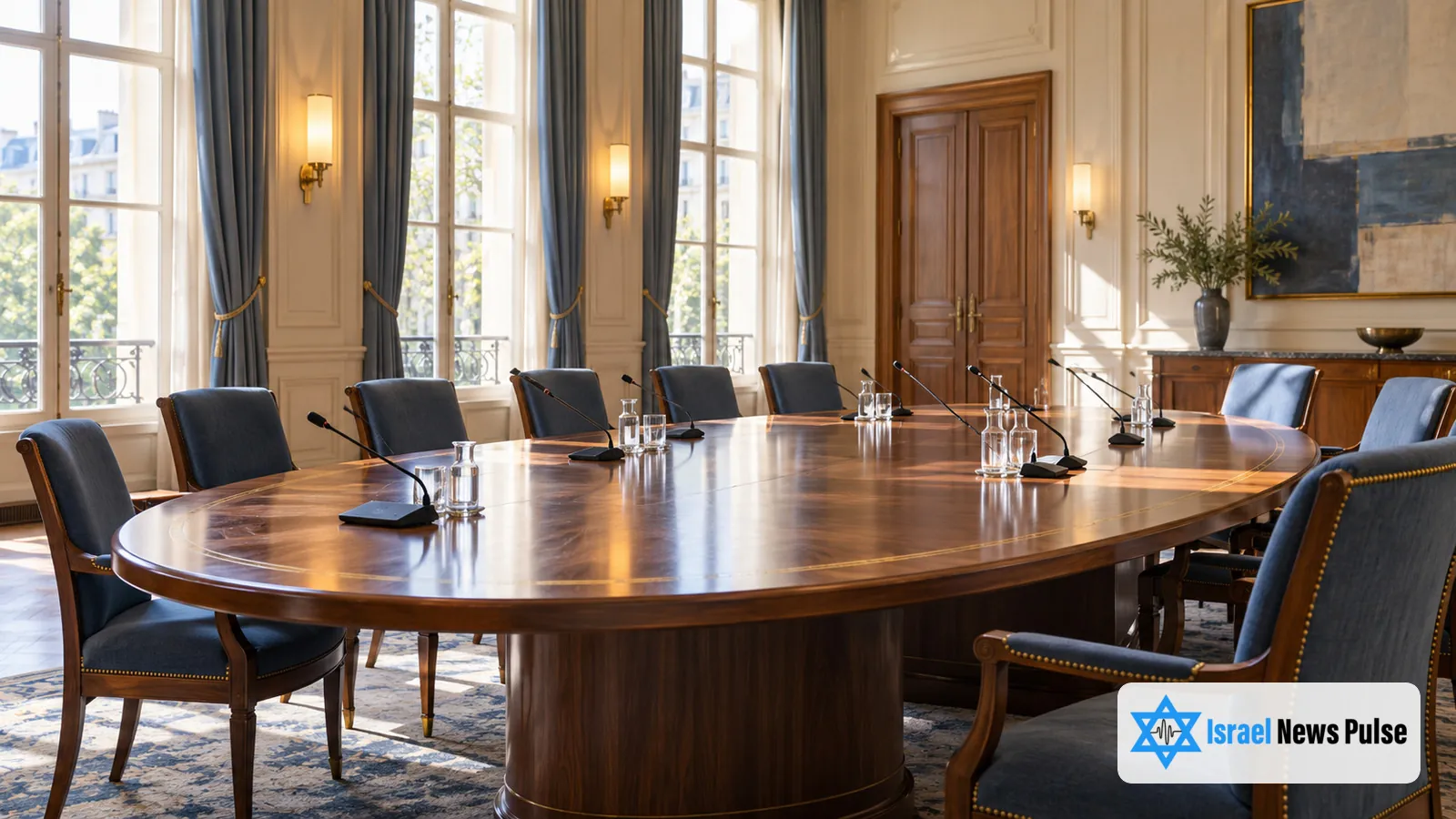 Microphones and empty chairs surround a polished table in a bright conference room.