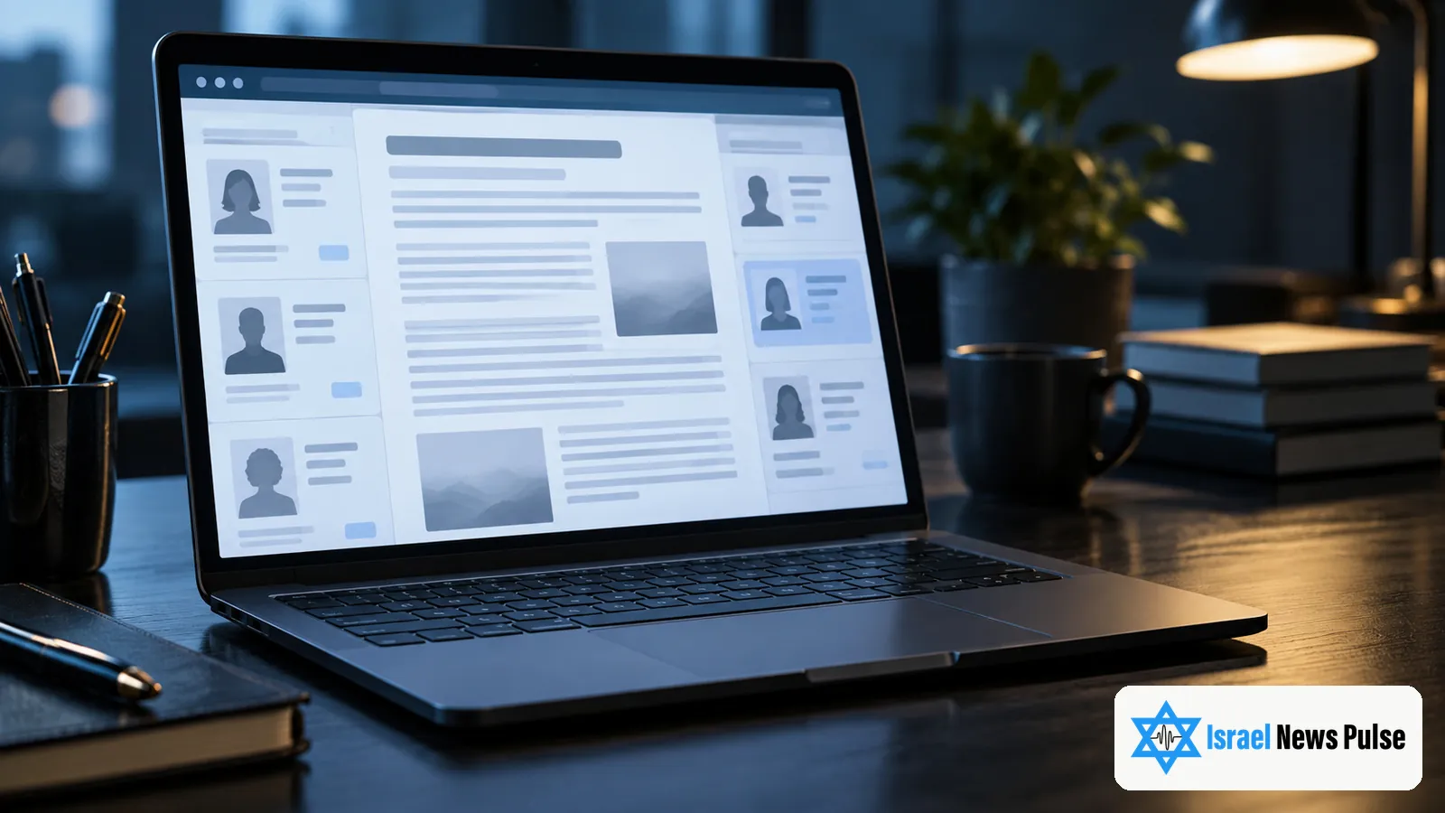 يعرض حاسوب محمول مسودة مقال غير مقروءة إلى جانب بطاقات ملفات شخصية ضبابية على مكتب داكن.