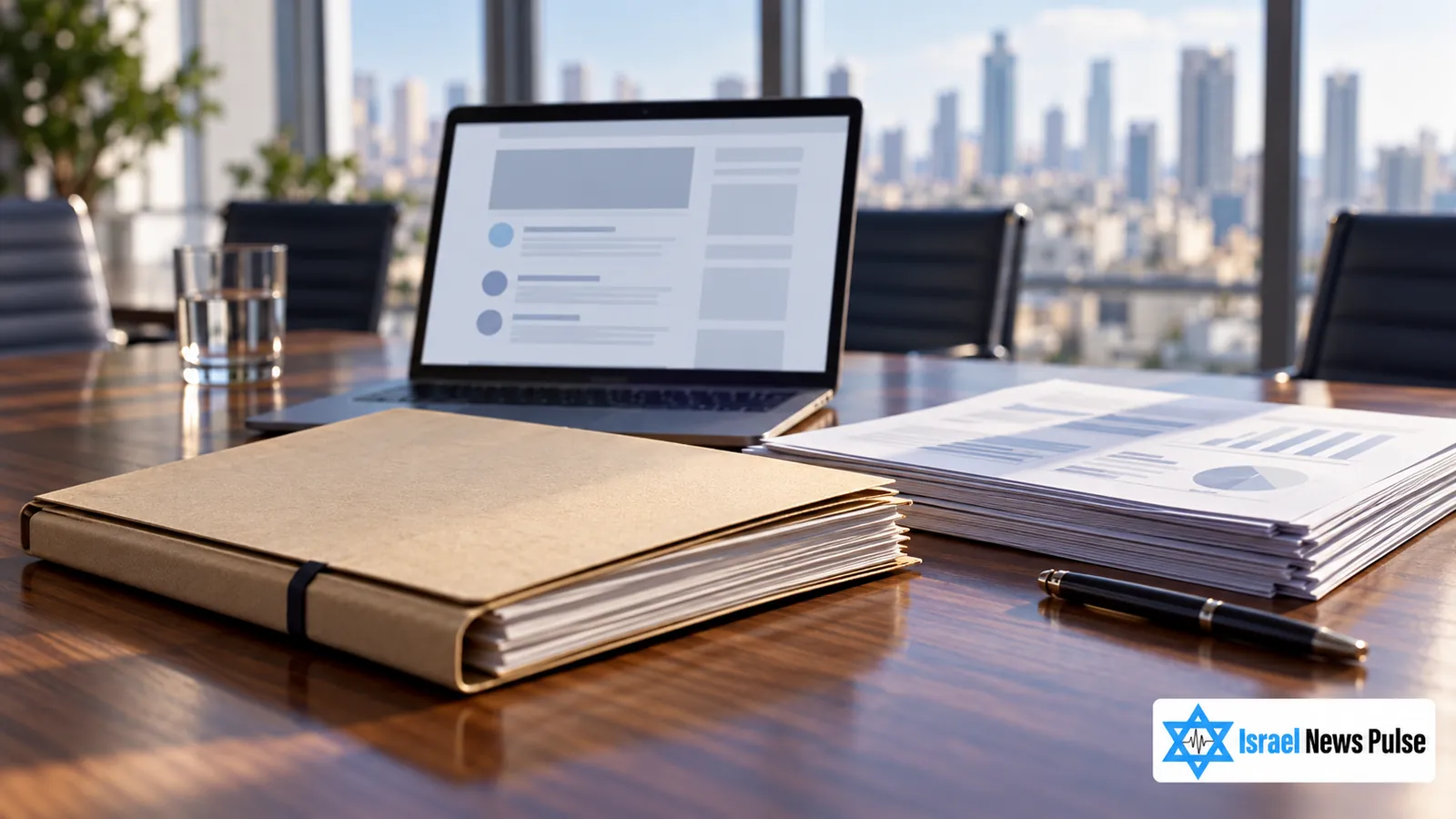 Illustration d’un dossier juridique, de documents financiers et d’un ordinateur portable sur une table.