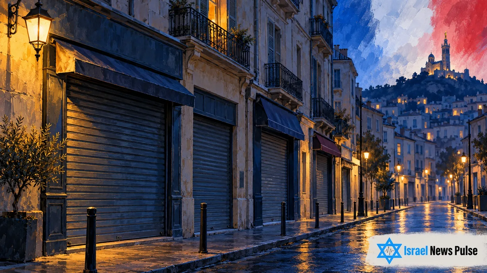 رسم تحريري لمتاجر مغلقة في شارع مستوحى من مرسيليا تحت ألوان العلم الفرنسي