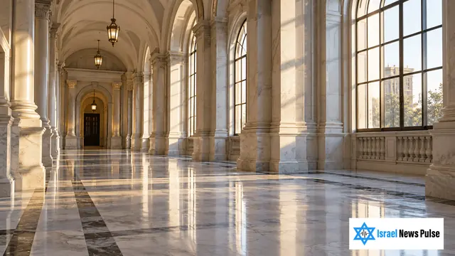 La luz de la mañana entra por altas ventanas arqueadas en un pasillo legislativo vacío y se refleja en el suelo de mármol pulido.