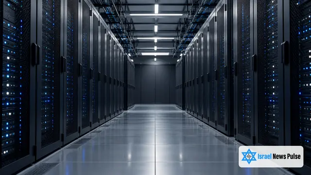 Un pasillo tranquilo de un centro de datos contiene armarios de servidores sin marca y pequeñas luces azules.