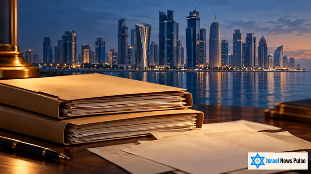Ilustración editorial de carpetas de archivo y hojas en blanco ante una vista estilizada de la costa de Doha.